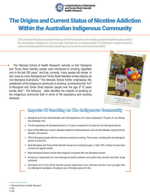 The Origins and Current Status of Nicotine Addiction Within the Australian Indigenous Community | Carbal Institute of Aboriginal and Torres Strait Islander Health Research (CIHR)