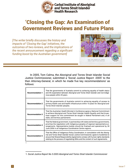 Closing the Gap: An Examination of Government Reviews and Future Plans | Carbal Institute of Aboriginal and Torres Strait Islander Health Research (CIHR)
